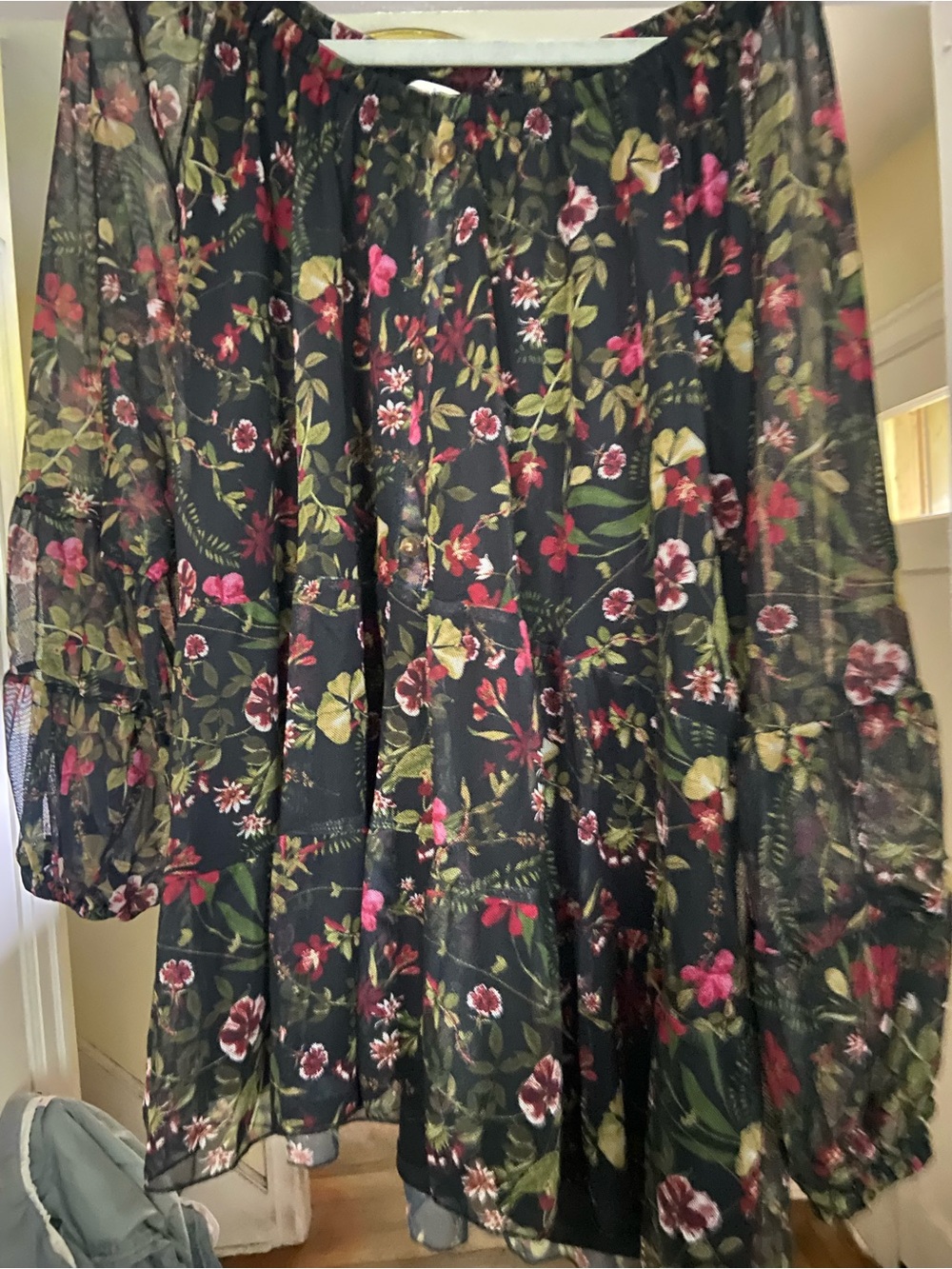 Terra & Sky Black Floral Off-Shoulder Blouse with Pink & Green Print